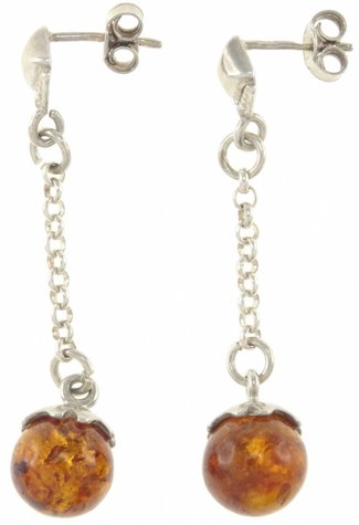 Сережки-ланцюжки з кульками бурштину